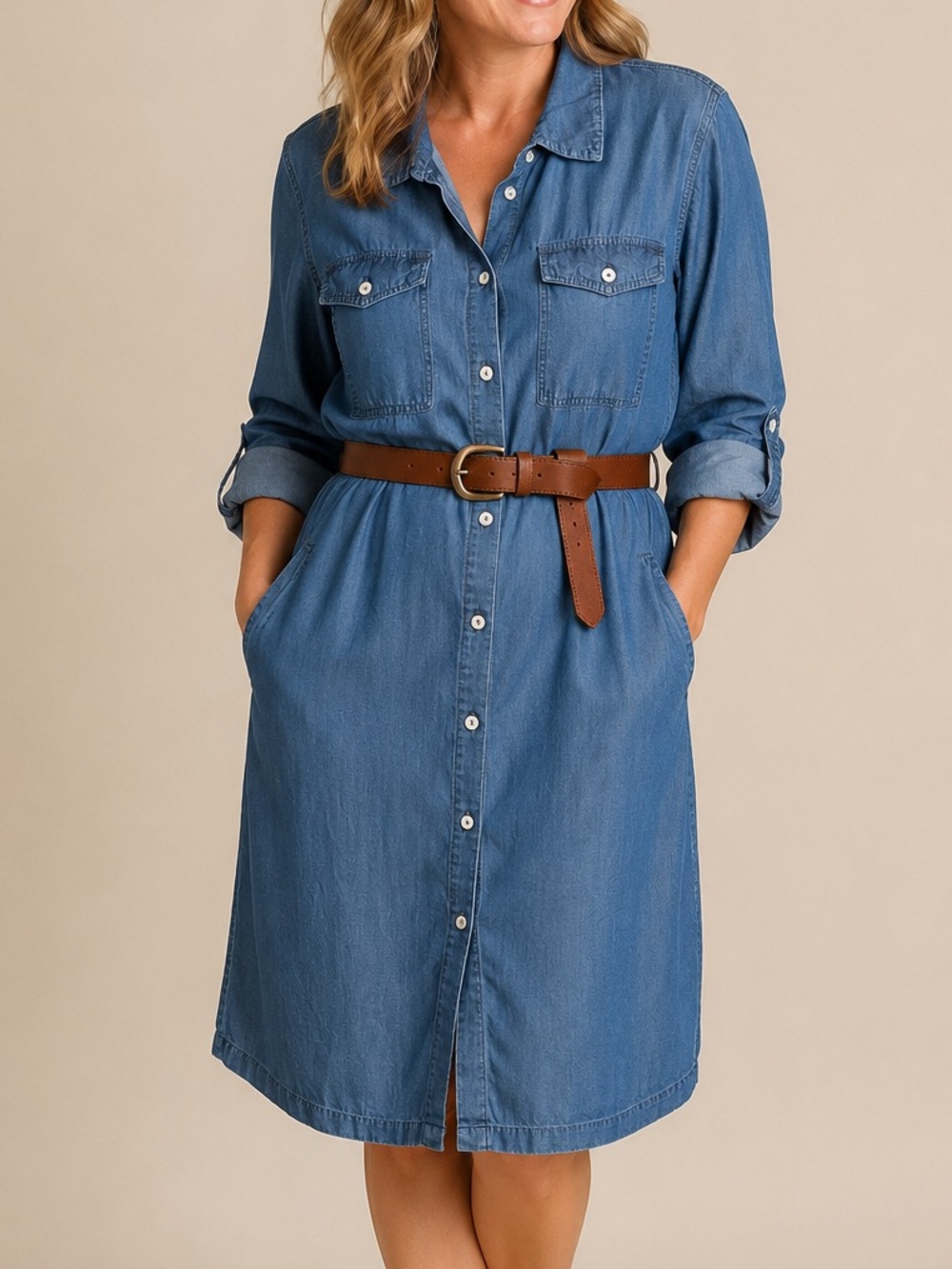 Paper Crane Chambray Shirt Dress Button Front Roll Tab Sleeve Pockets Size S
